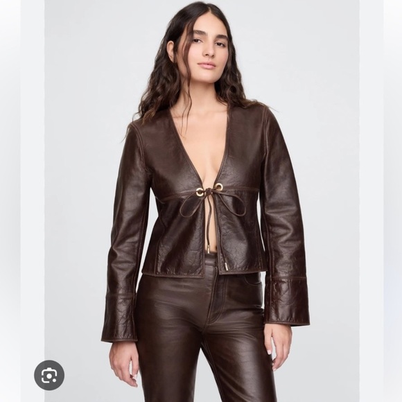 Cult Gaia Dark Brown Leather Tie-Front Jacket - Picture 3 of 8